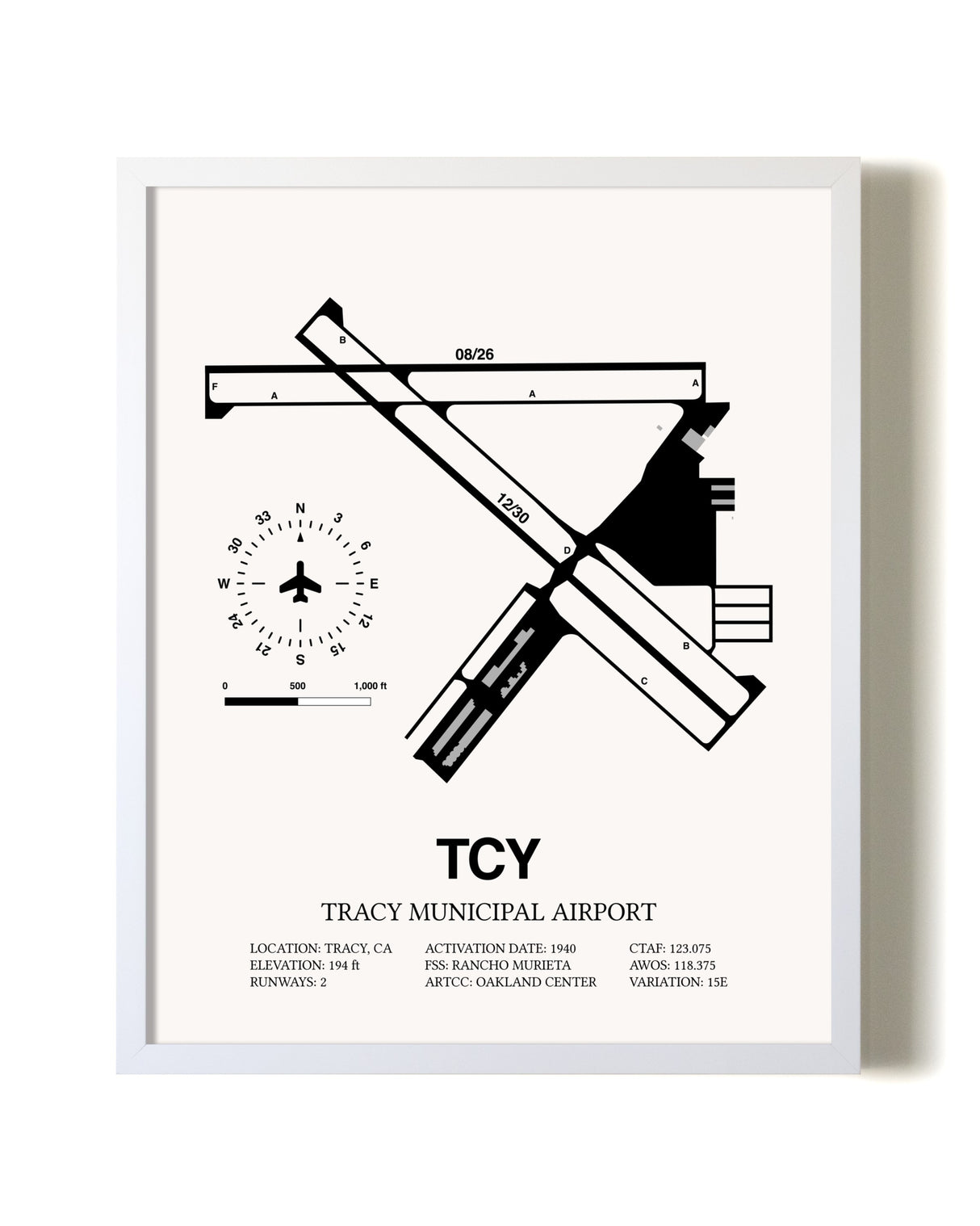 Tracy Municipal Airport airport map poster in oak frame