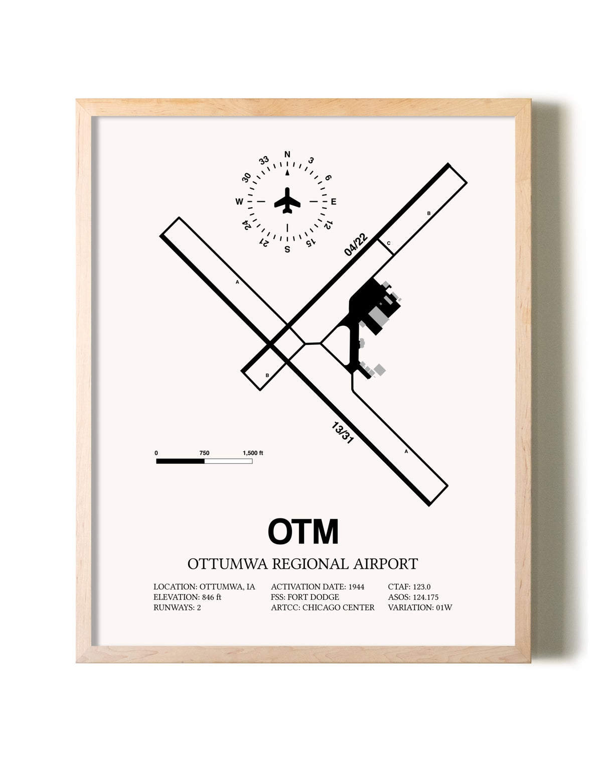 Ottumwa Regional Airport framed wall art in white frame