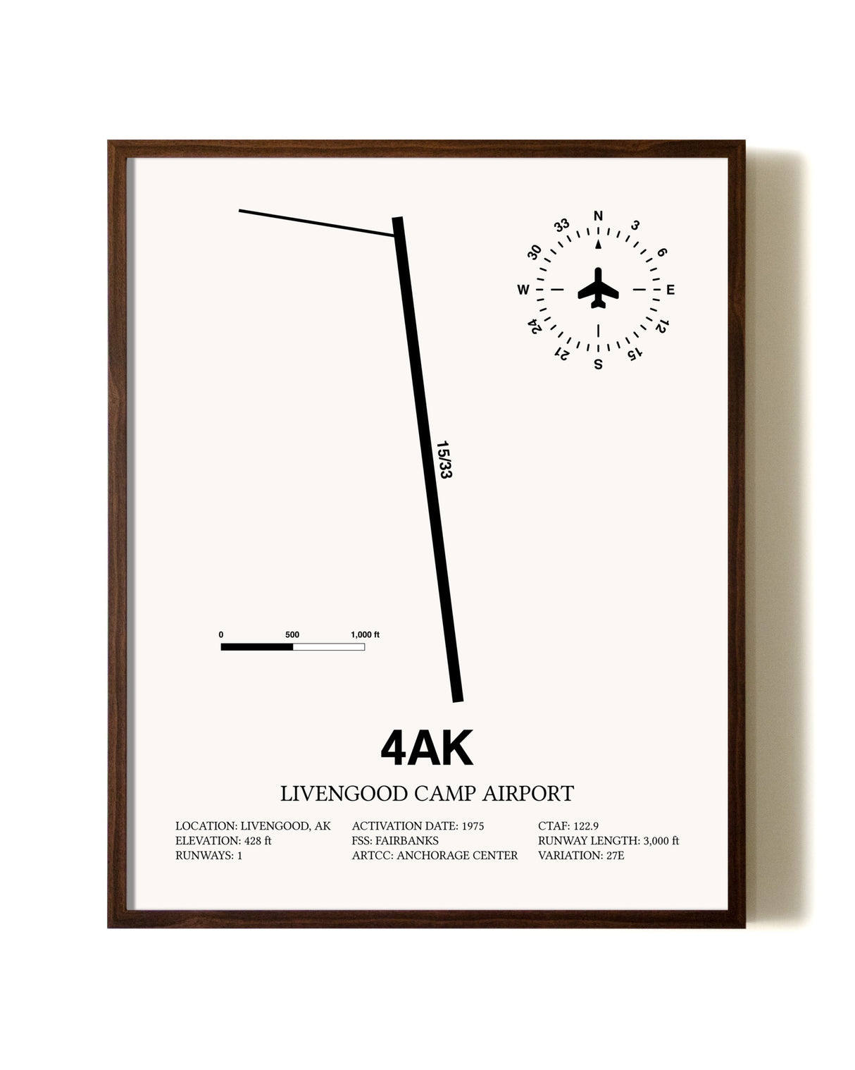 Livengood Camp Airport aviation print in walnut frame