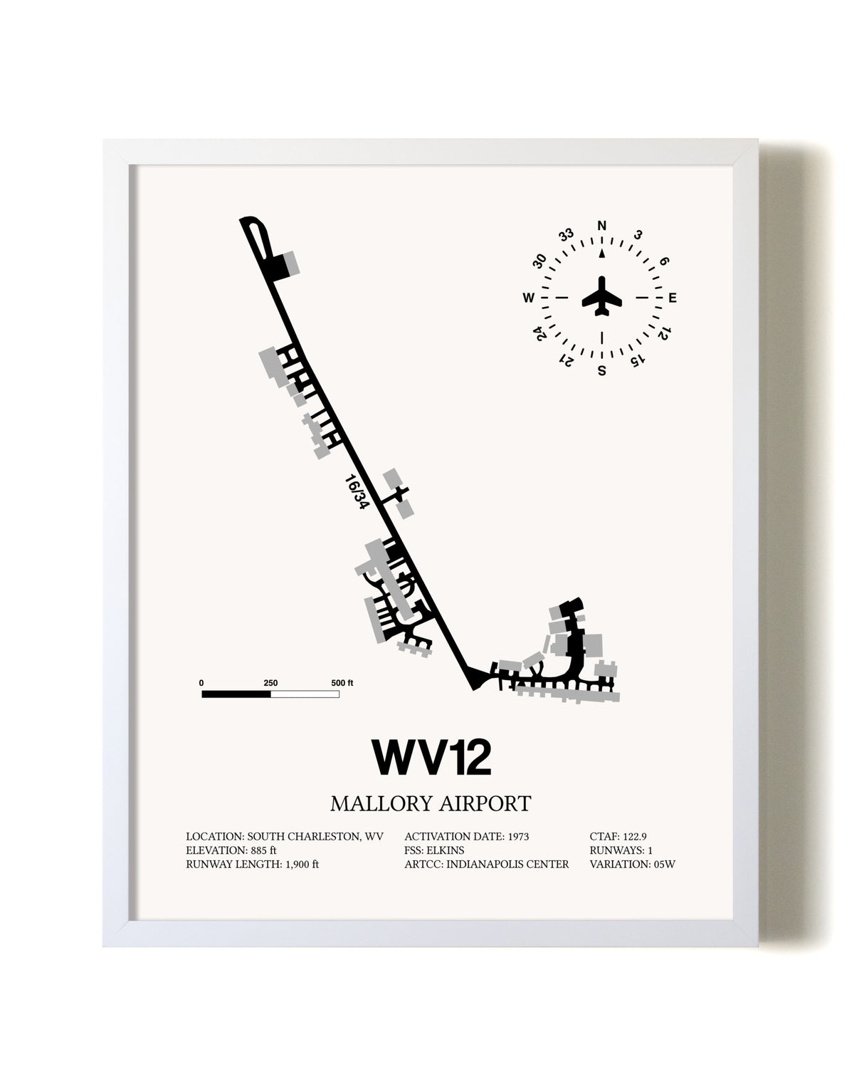 Mallory Airport airport map poster in oak frame