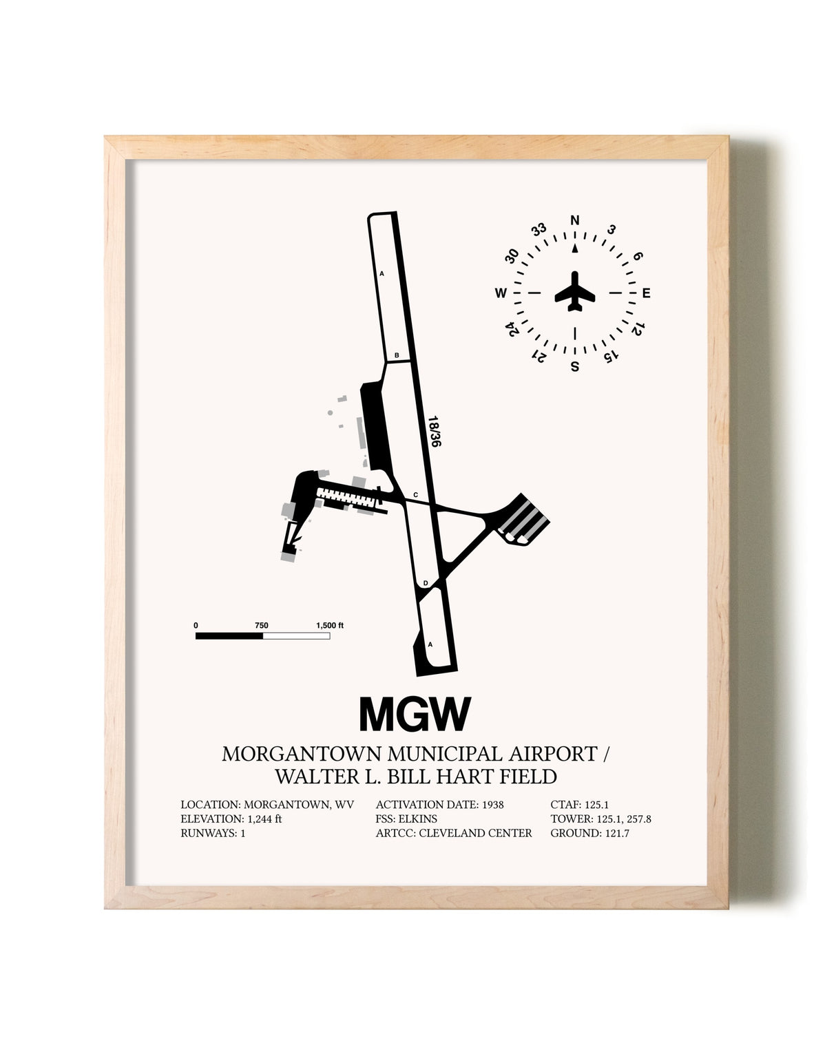 Morgantown Municipal Airport / Walter L. Bill Hart Field framed wall art in white frame