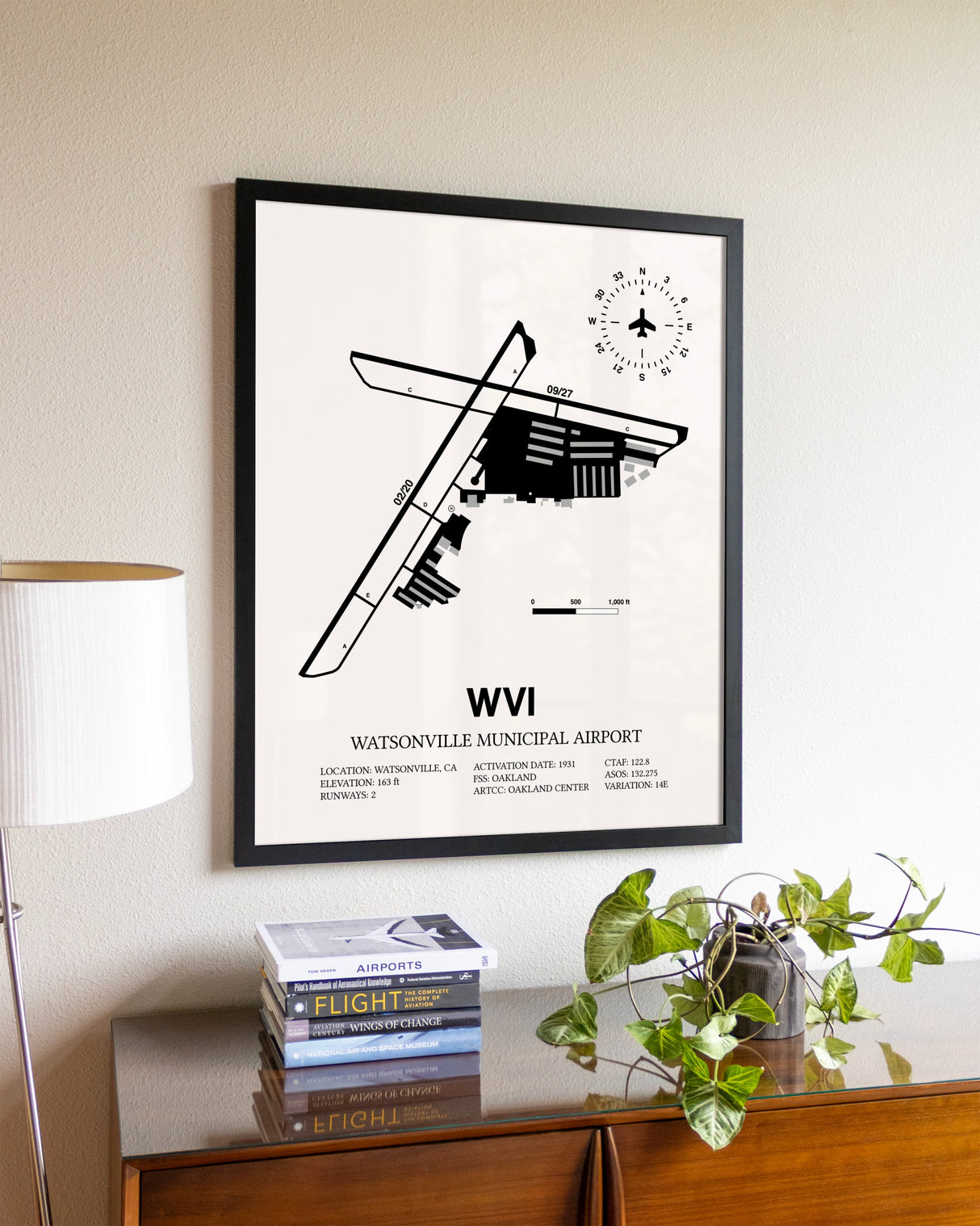 Watsonville Municipal Airport aviation wall décor in black wood frame