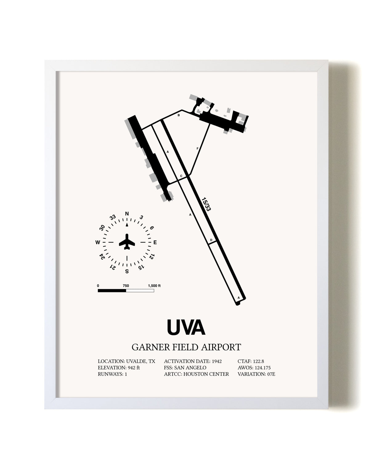 Garner Field Airport airport map poster in oak frame