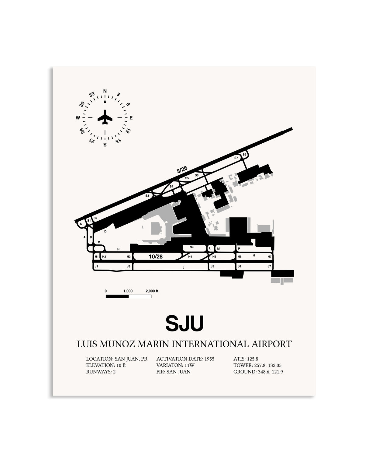 Gray Luis Munoz Marin International Airport framed poster displayed in an airplane hangar