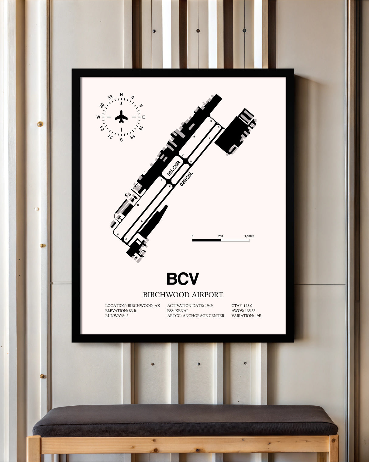 Birchwood Airport framed poster displayed in an airplane hangar