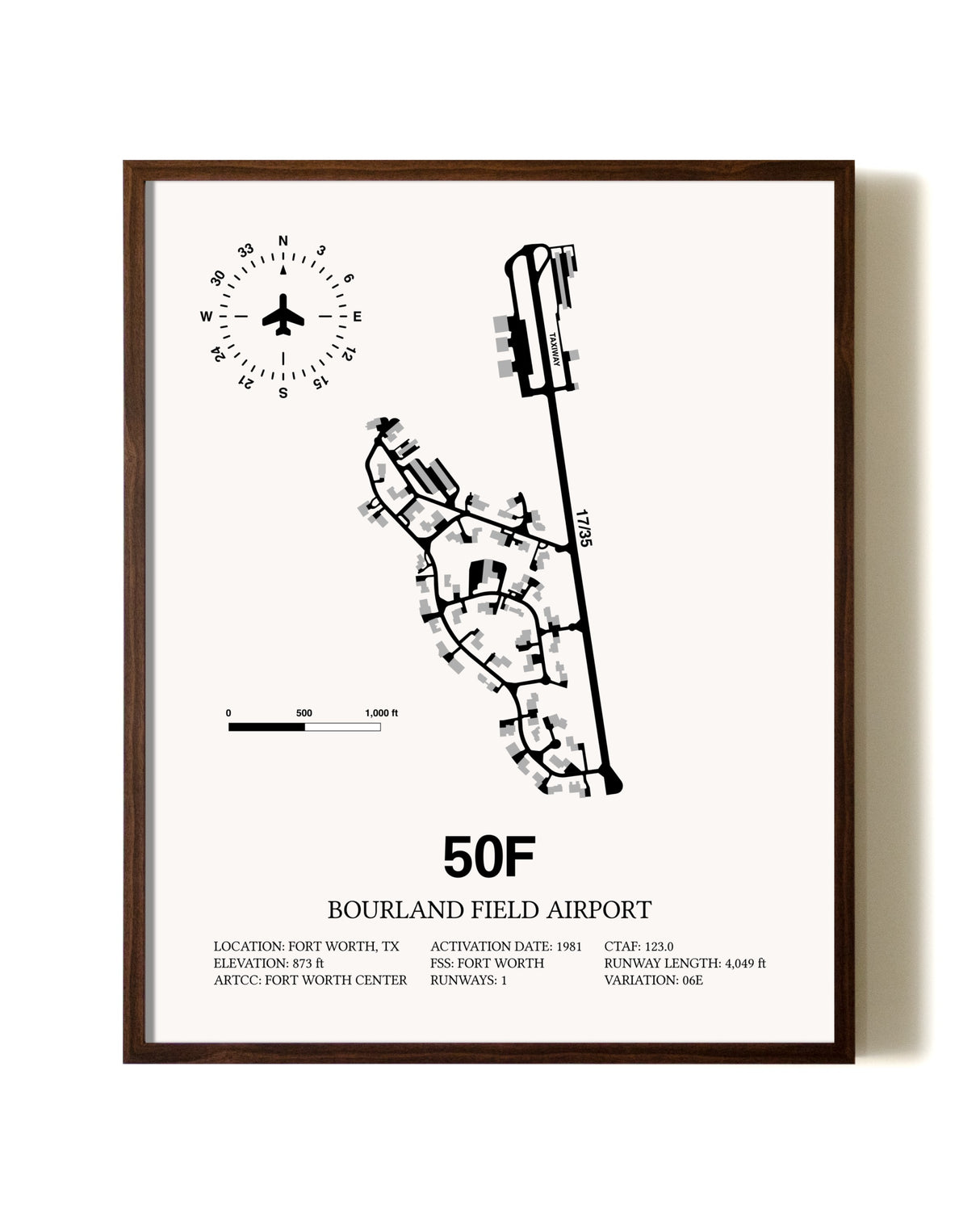 Bourland Field Airport aviation print in walnut frame