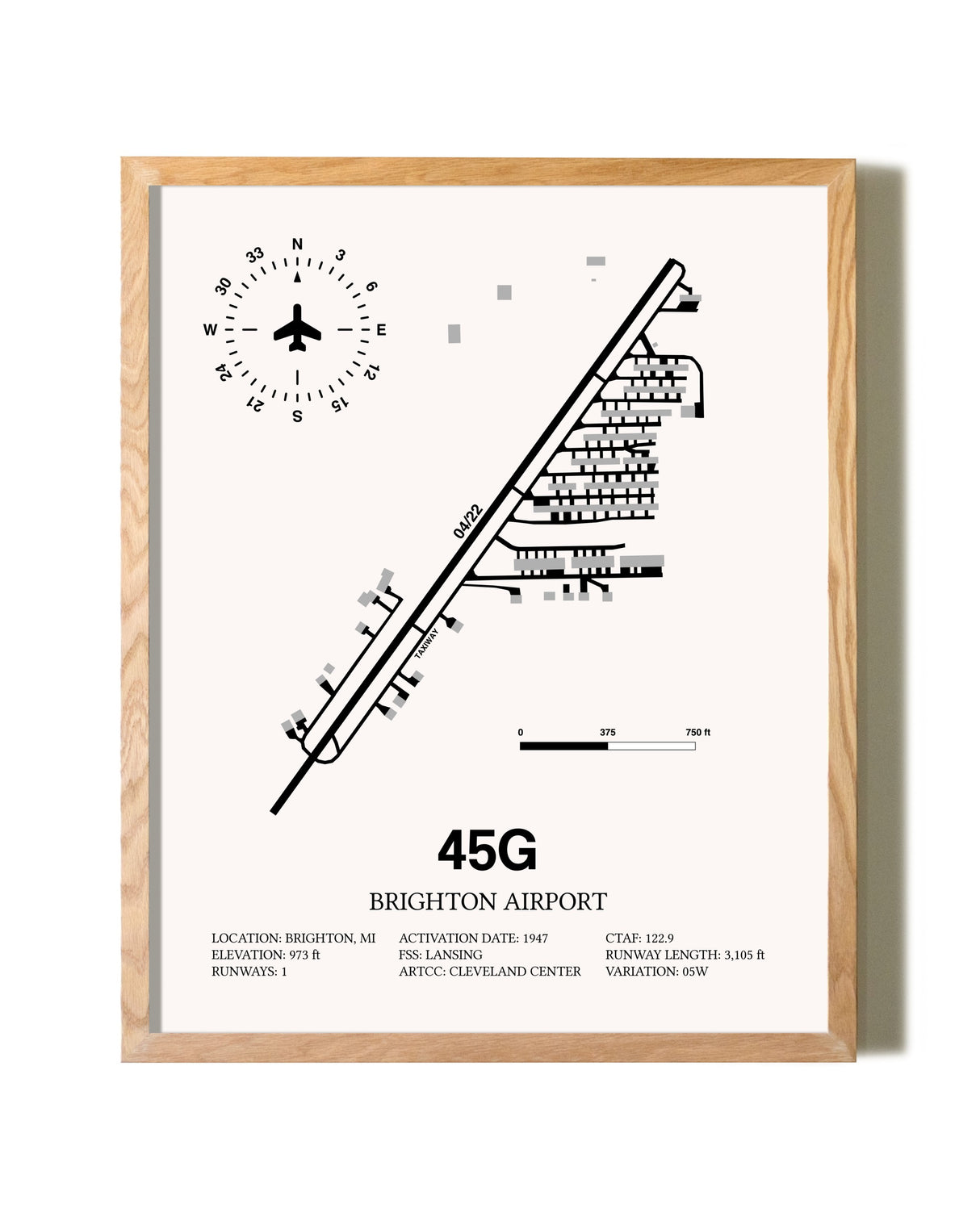 Brighton Airport framed print in natural wood frame