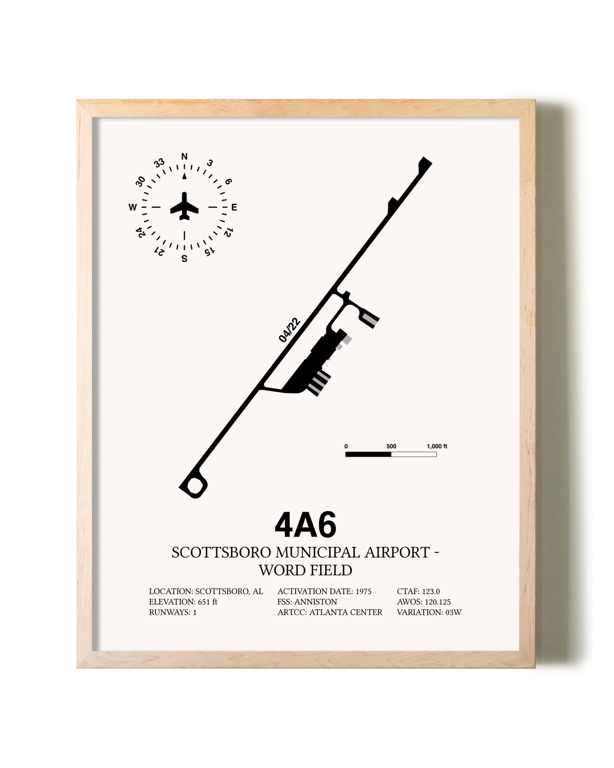Scottsboro Municipal Airport - Word Field framed wall art in white frame