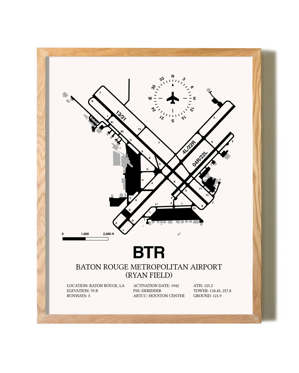 Baton Rouge Metropolitan Airport (Ryan Field) framed print in natural wood frame