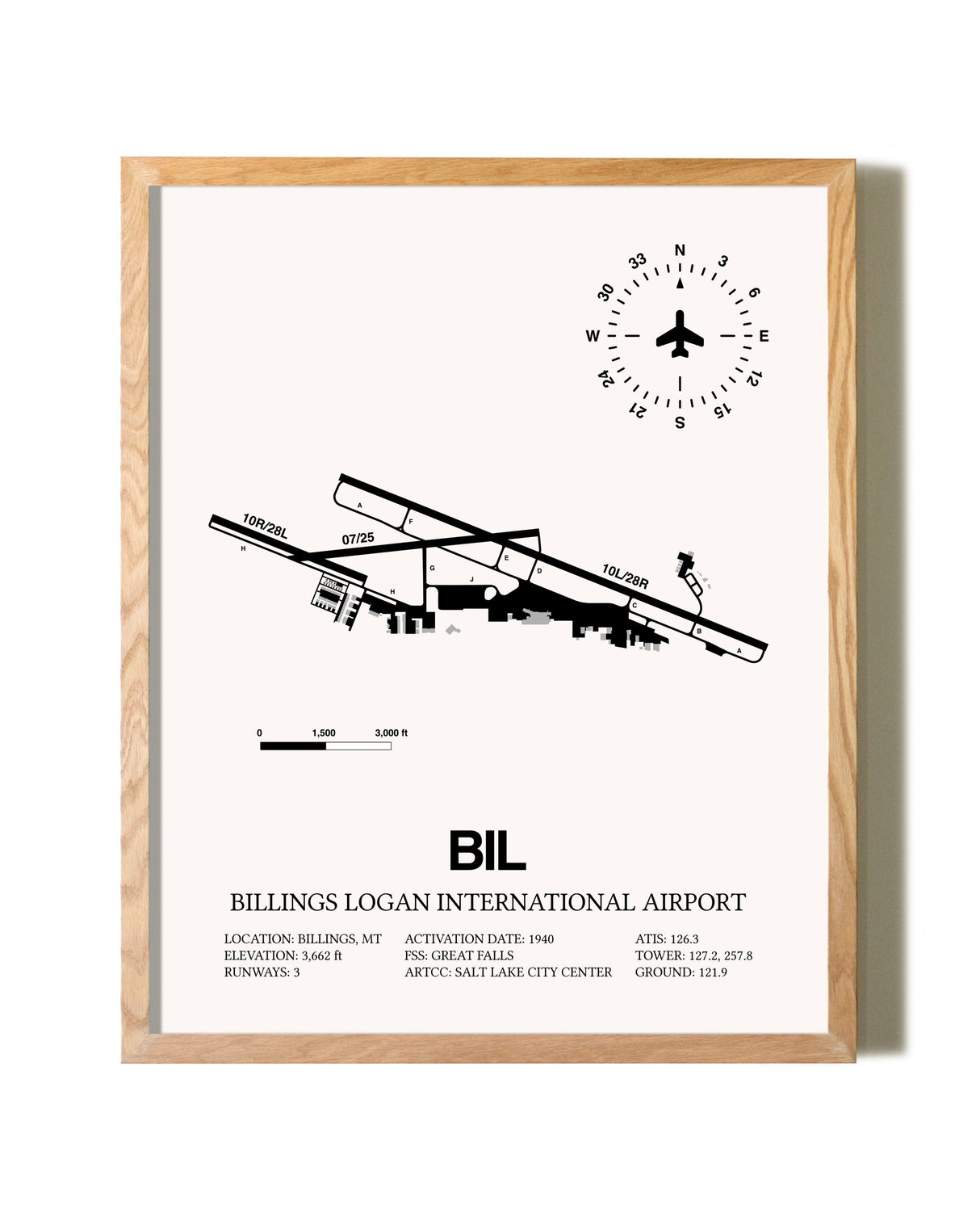 Billings Logan International Airport framed print in natural wood frame