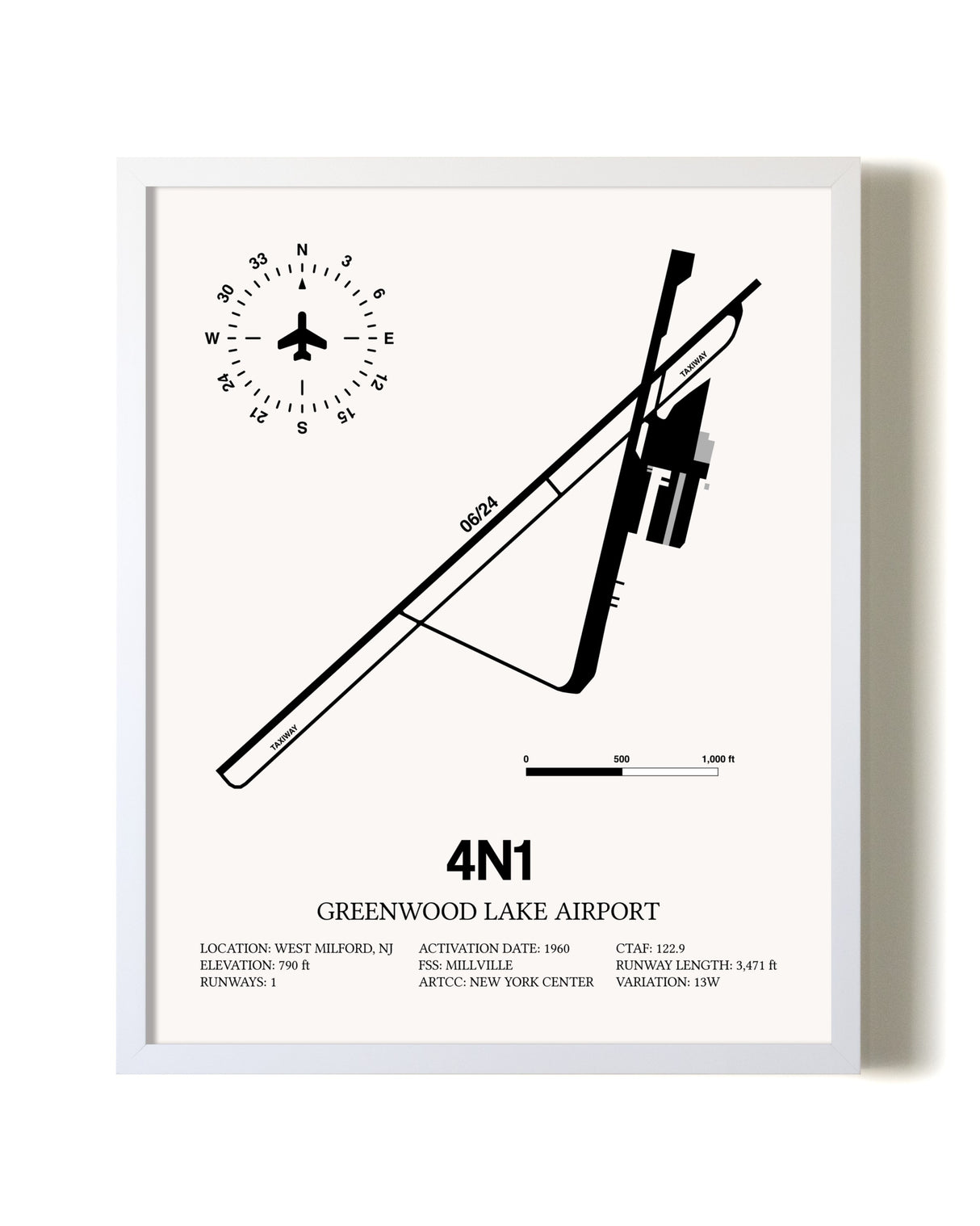 Greenwood Lake Airport airport map poster in oak frame