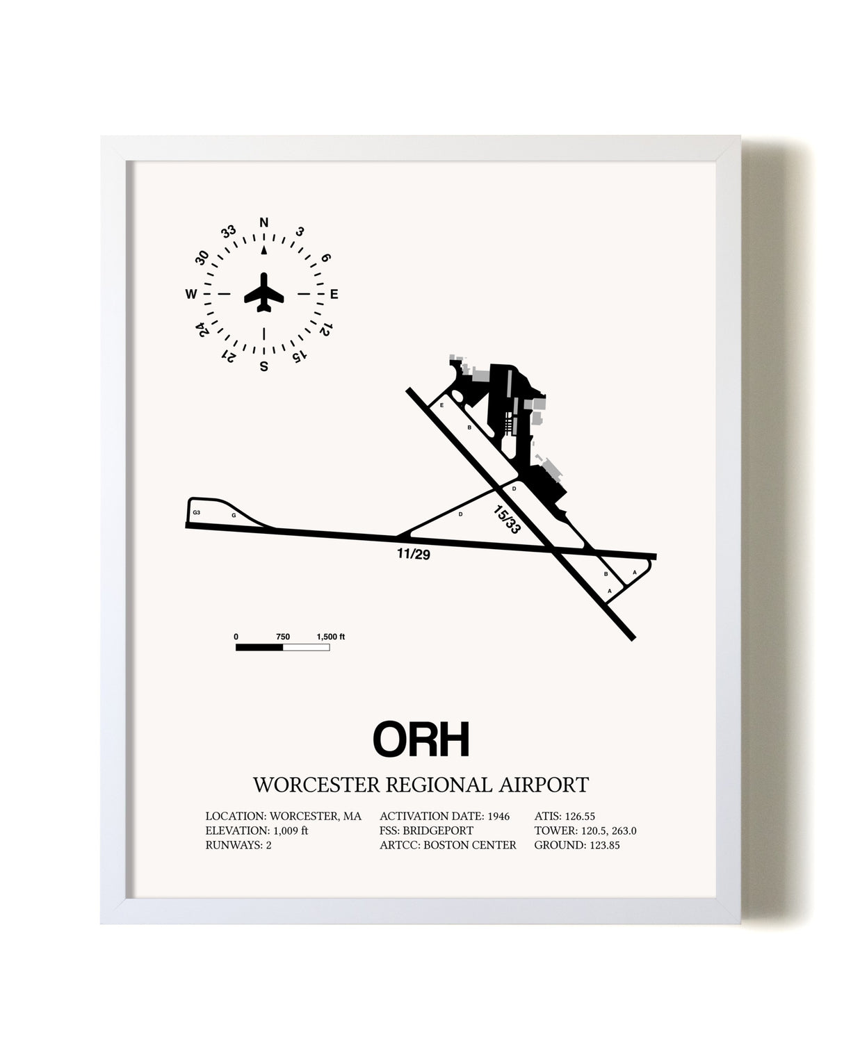 Worcester Regional Airport airport map poster in oak frame