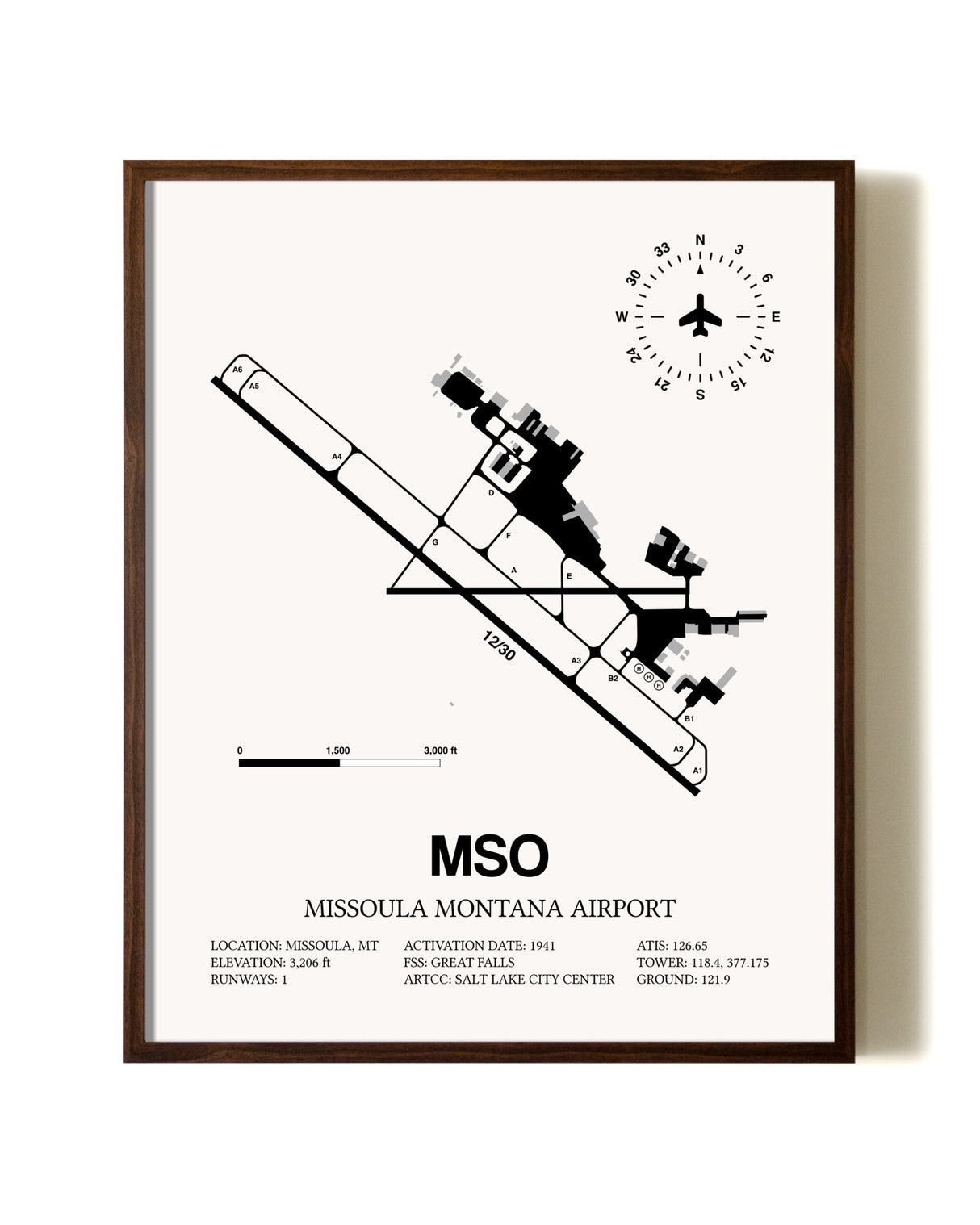 Missoula Montana Airport aviation print in walnut frame