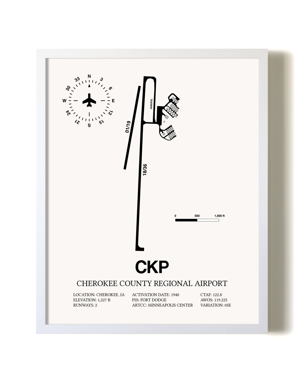 Cherokee County Regional Airport airport map poster in oak frame
