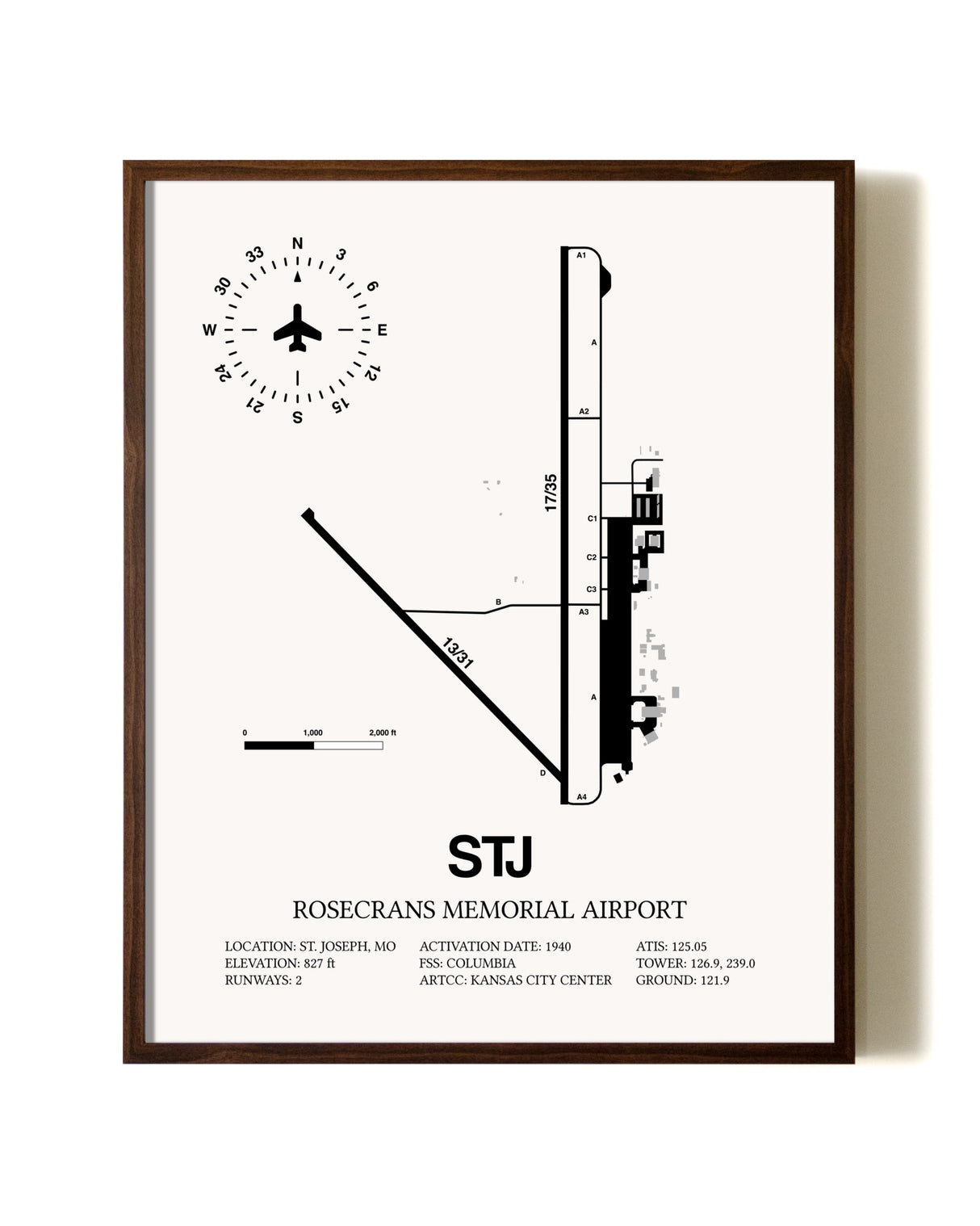 Rosecrans Memorial Airport aviation print in walnut frame