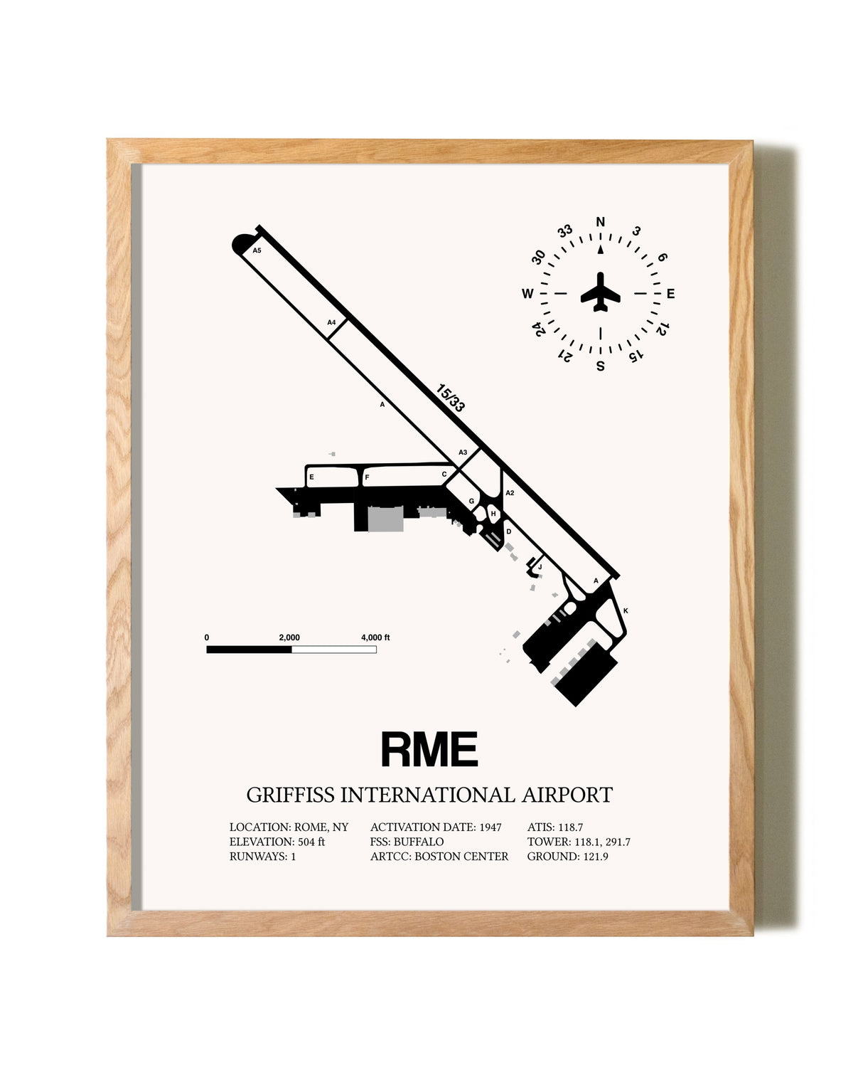 Griffiss International Airport framed print in natural wood frame