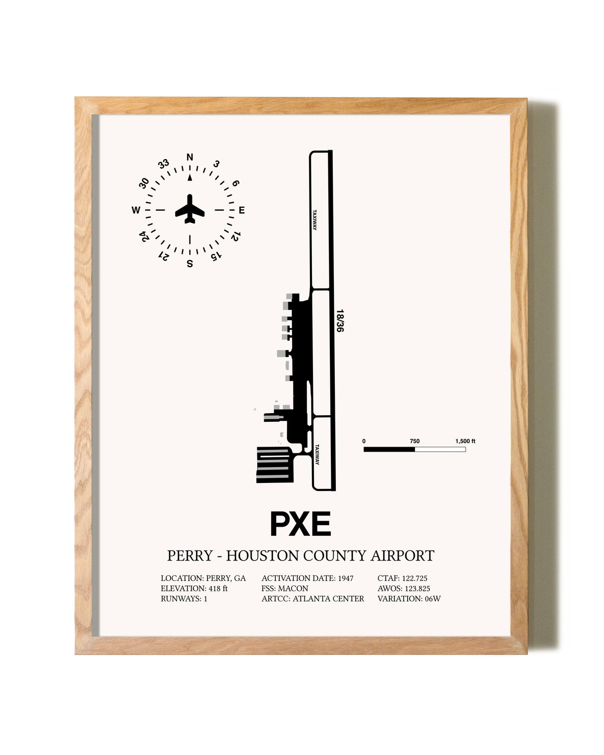 Perry-Houston County Airport framed print in natural wood frame