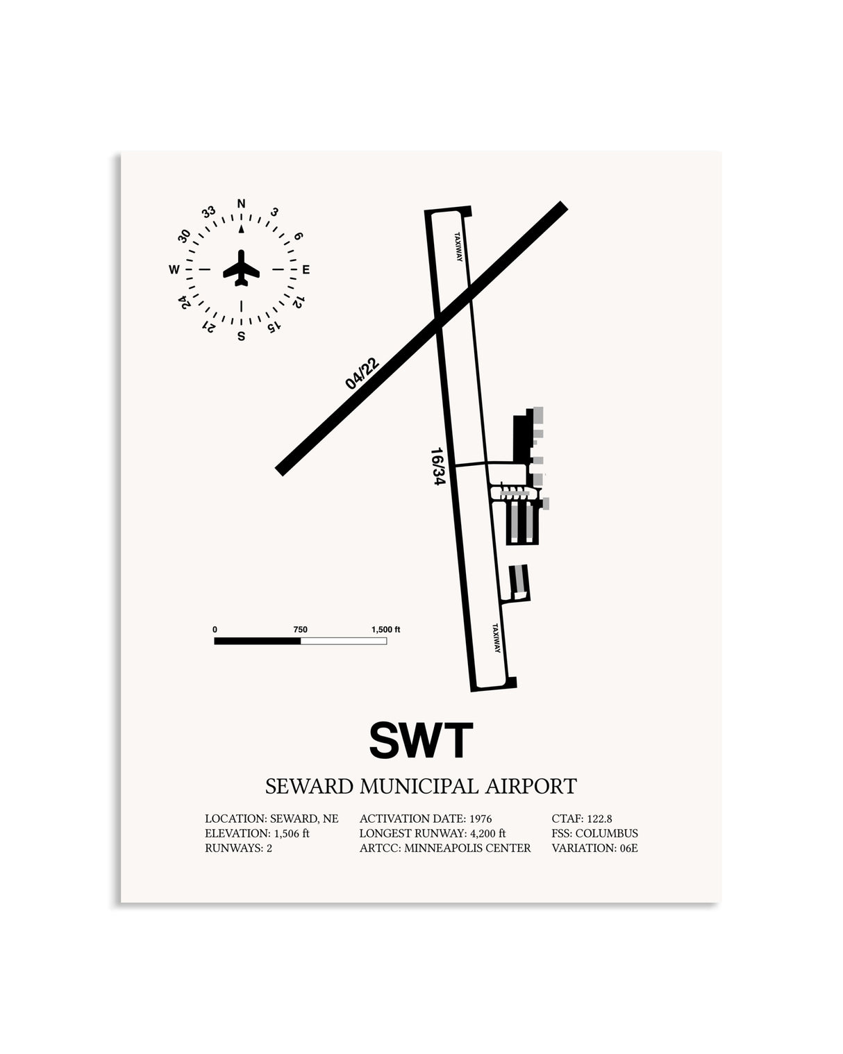 Gray Seward Municipal Airport framed poster displayed in an airplane hangar