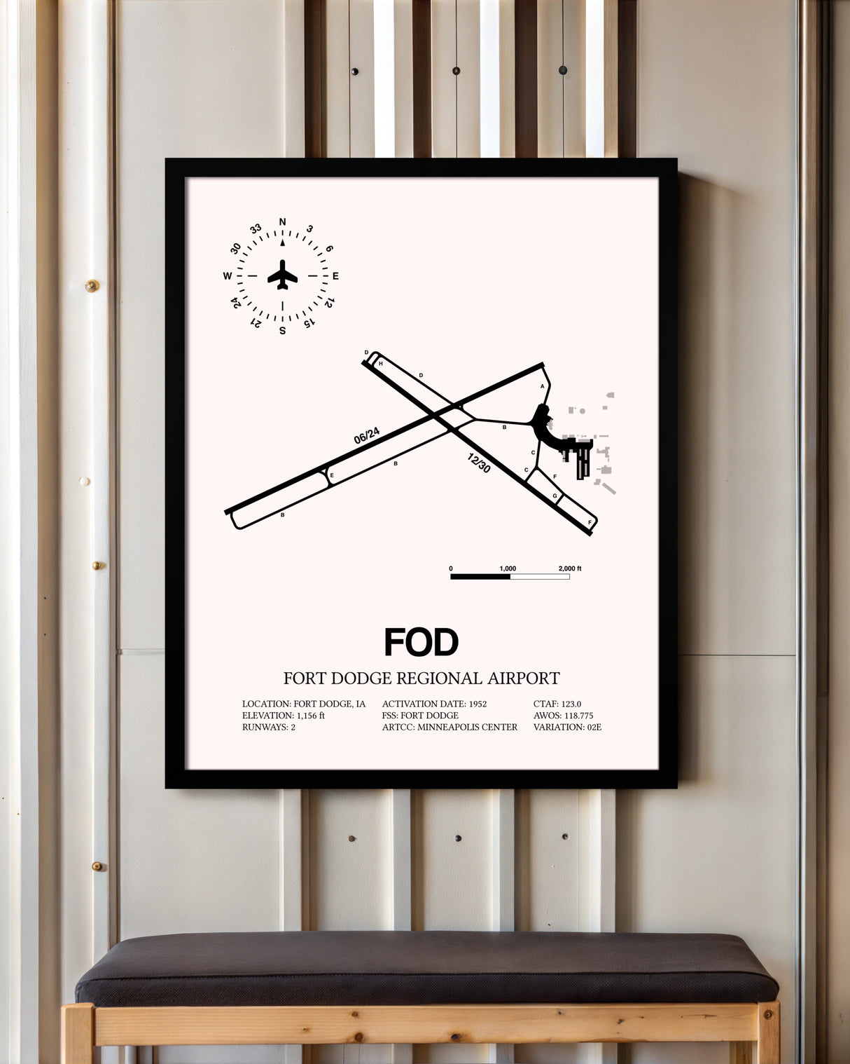 Fort Dodge Regional Airport framed poster displayed in an airplane hangar
