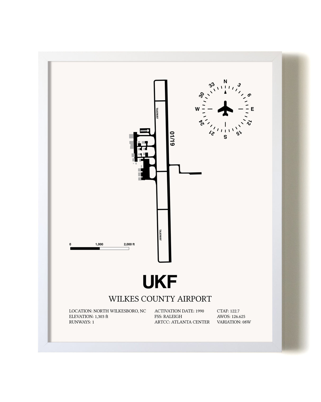 Wilkes County Airport airport map poster in oak frame