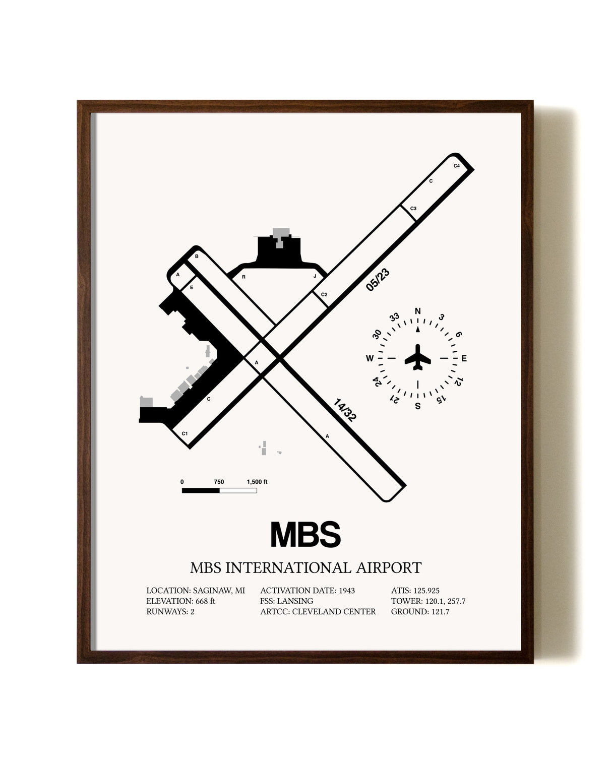 MBS International Airport aviation print in walnut frame