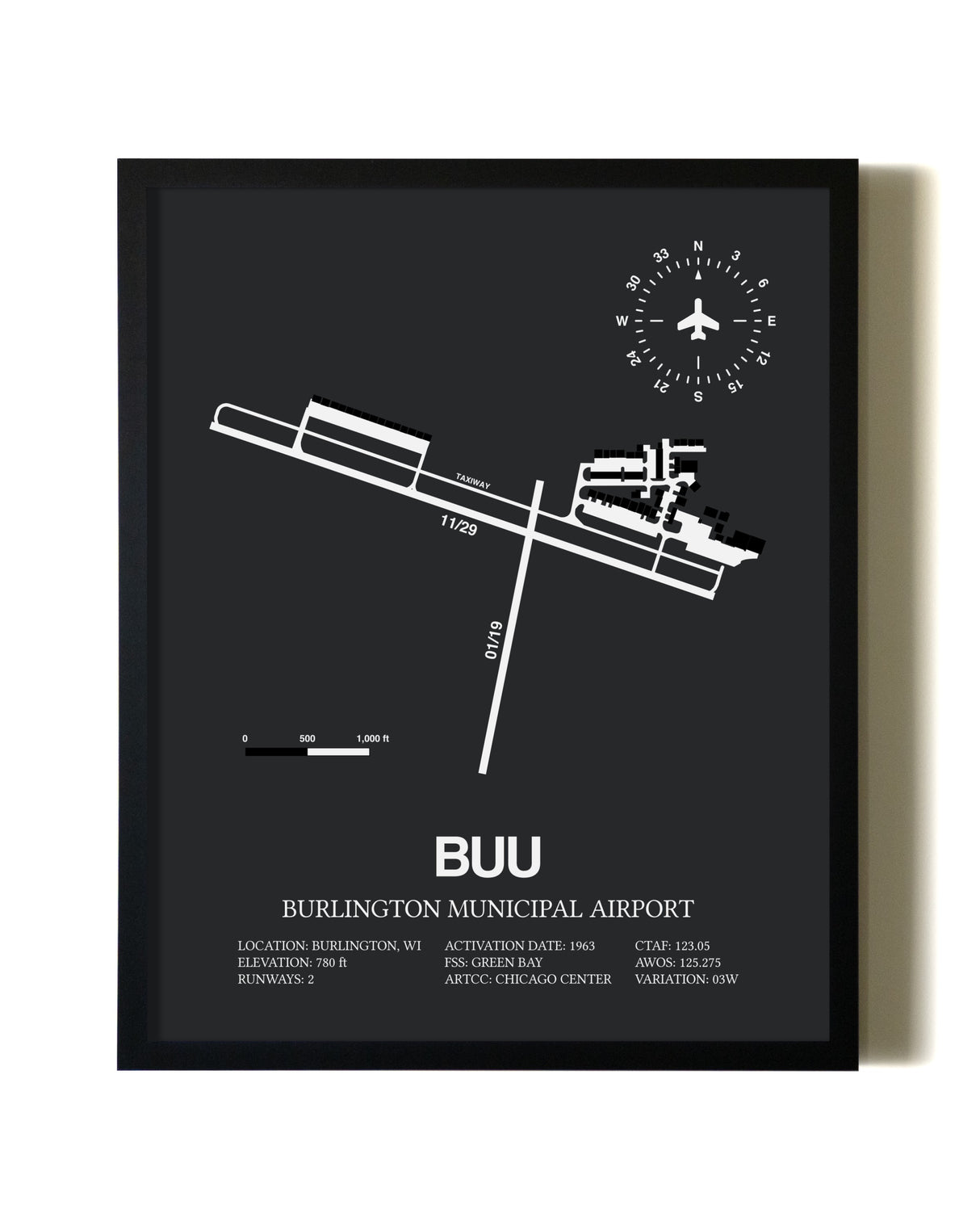 Unframed Burlington Municipal Airport map print poster