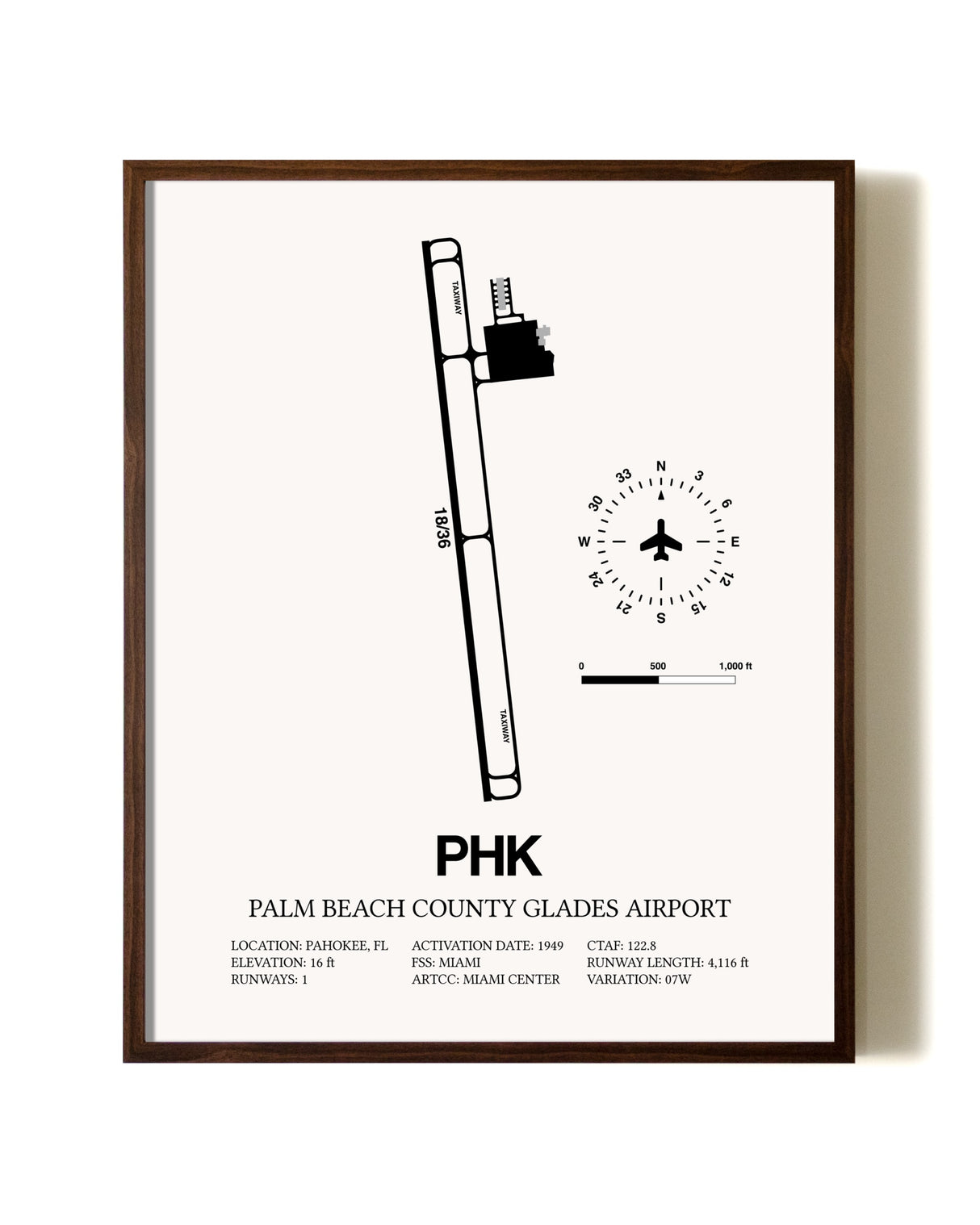 Palm Beach County Glades Airport aviation print in walnut frame