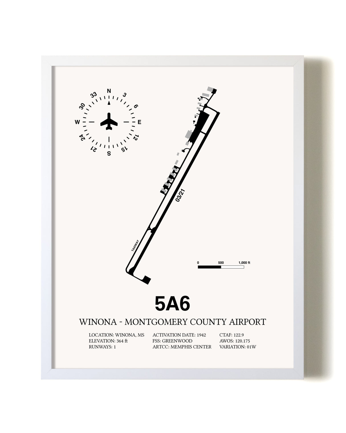 Winona - Montgomery County Airport airport map poster in oak frame