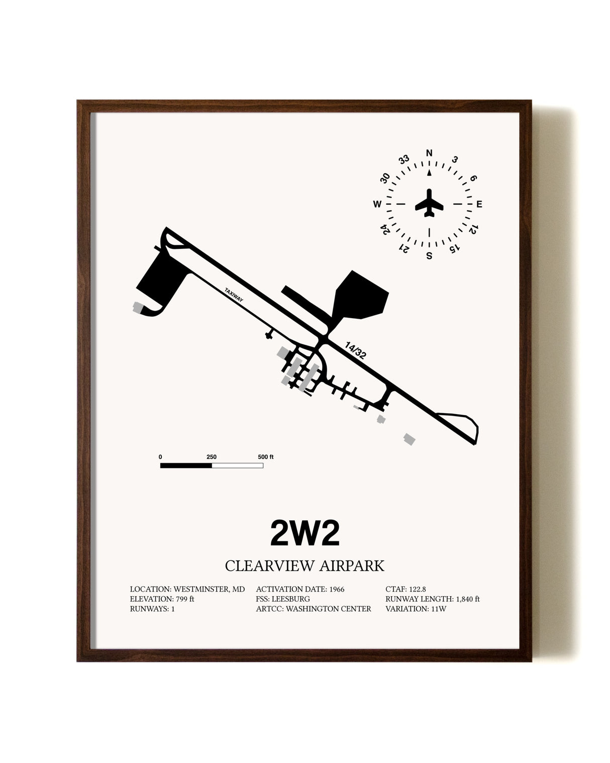 Clearview Airpark aviation print in walnut frame