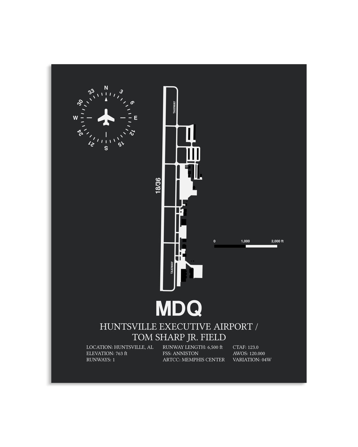 Gray Framed Huntsville Executive Airport / Tom Sharp Jr. Field layout wall art poster