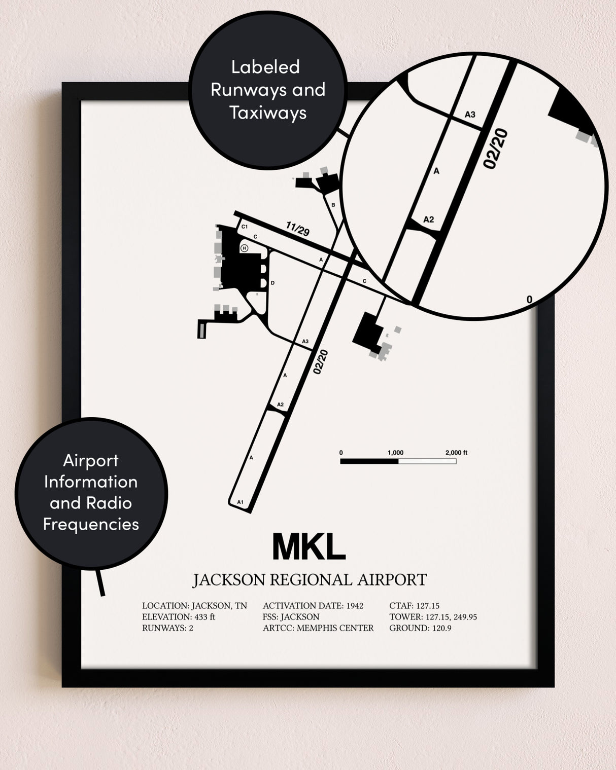 Framed Jackson Regional Airport layout wall art poster
