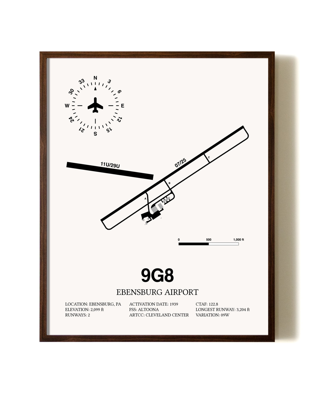 Ebensburg Airport aviation print in walnut frame