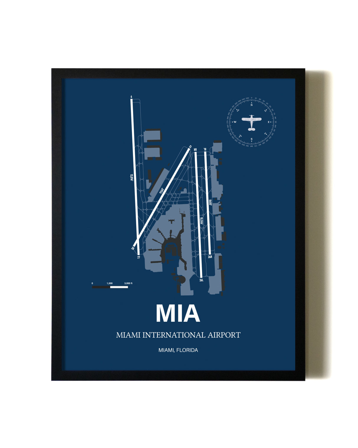 Aviation Blue Framed Miami International Airport layout wall art poster