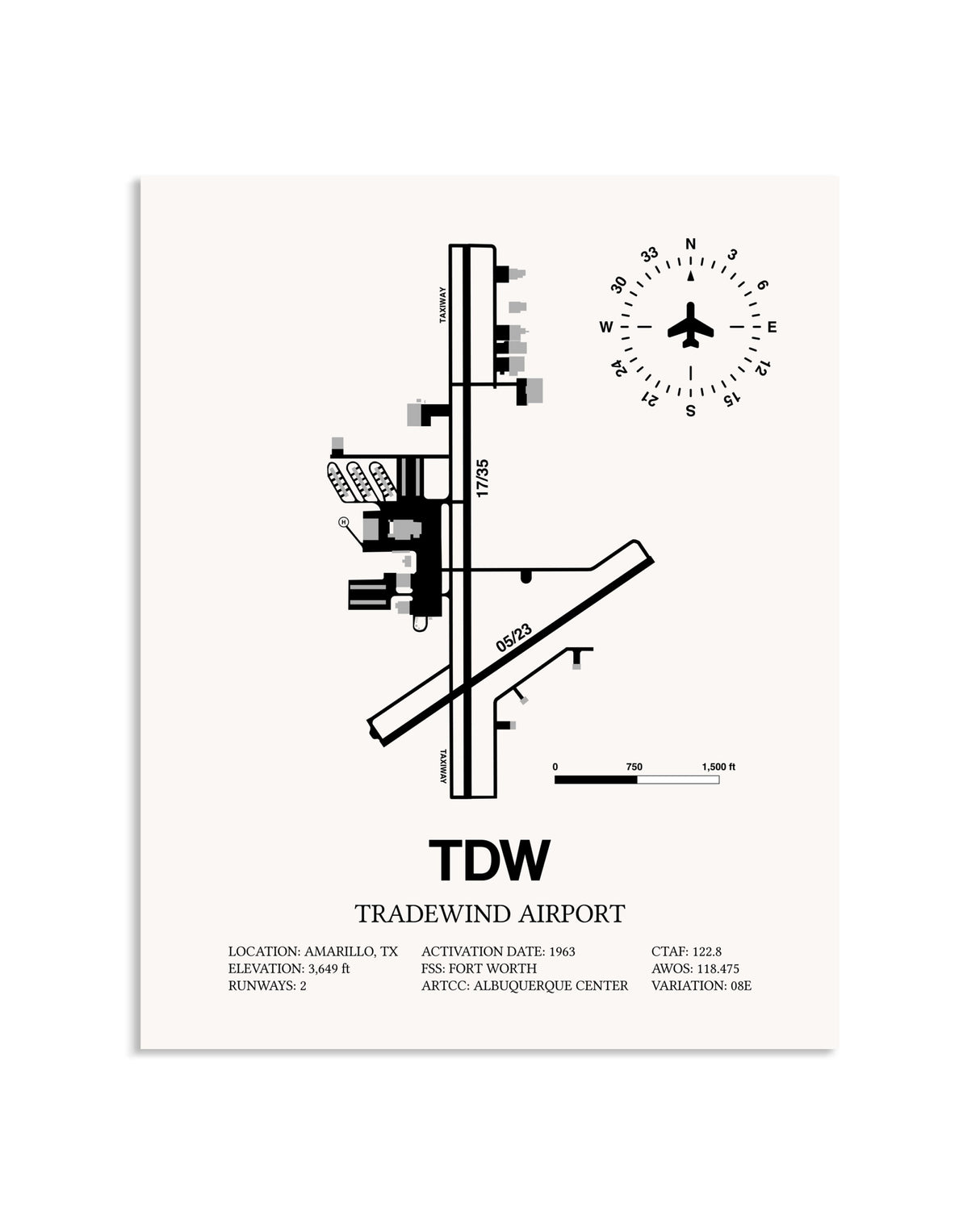 Gray Tradewind Airport framed poster displayed in an airplane hangar