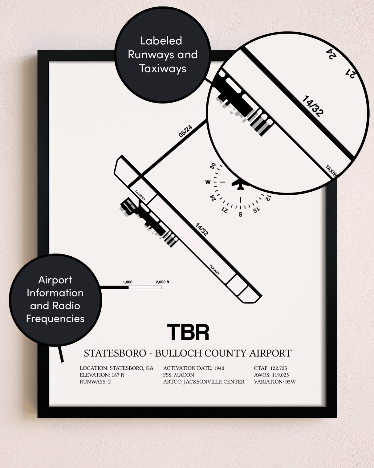 Framed Statesboro-Bulloch County Airport layout wall art poster