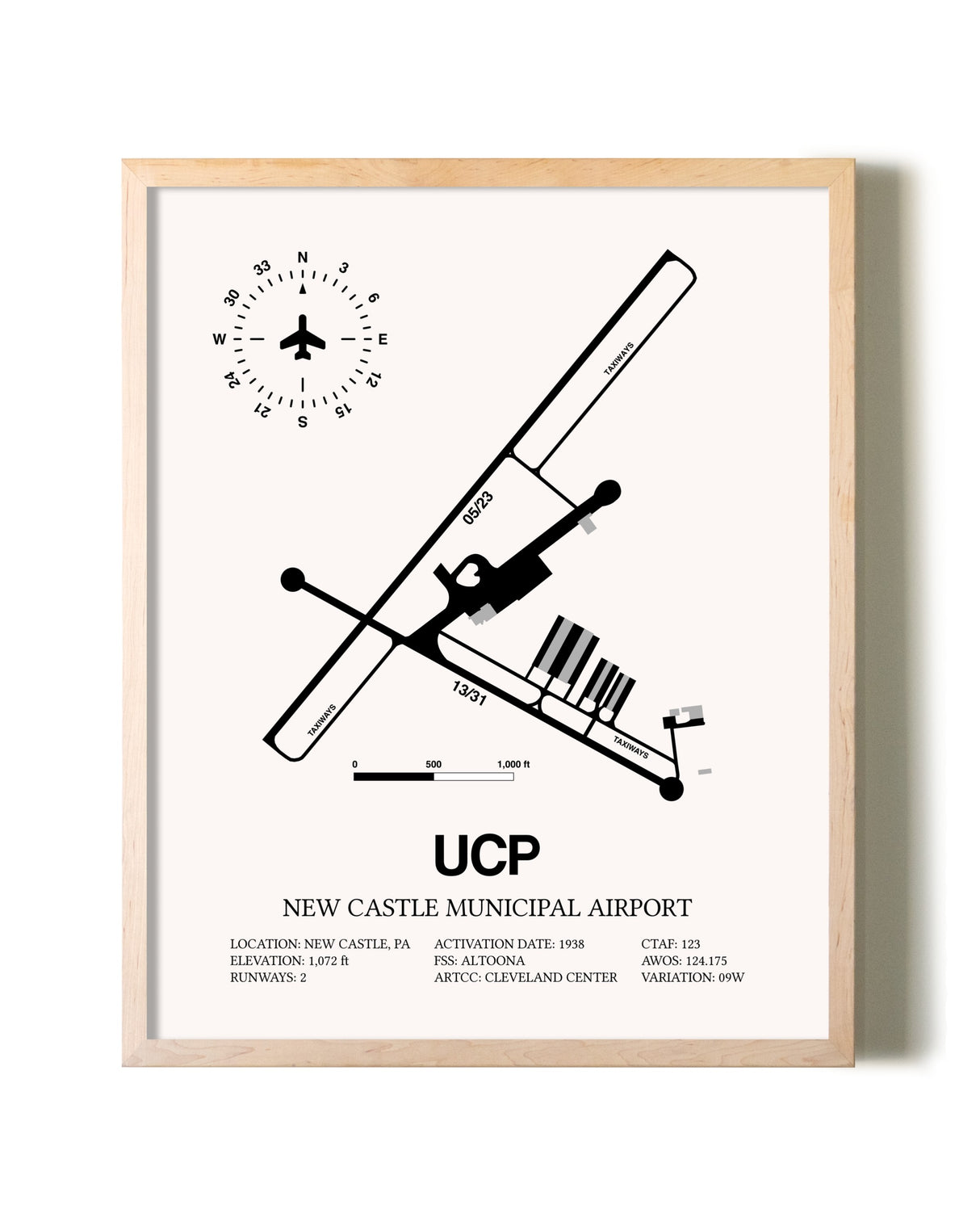 New Castle Municipal Airport framed wall art in white frame