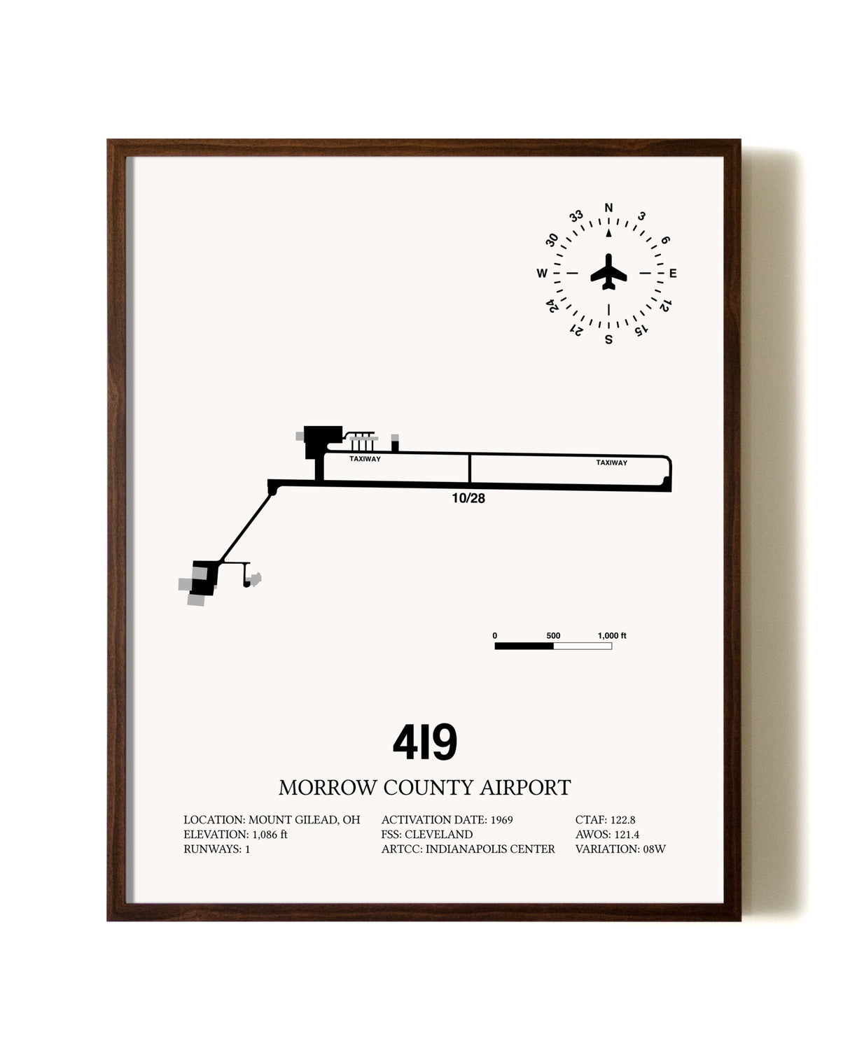 Morrow County Airport aviation print in walnut frame