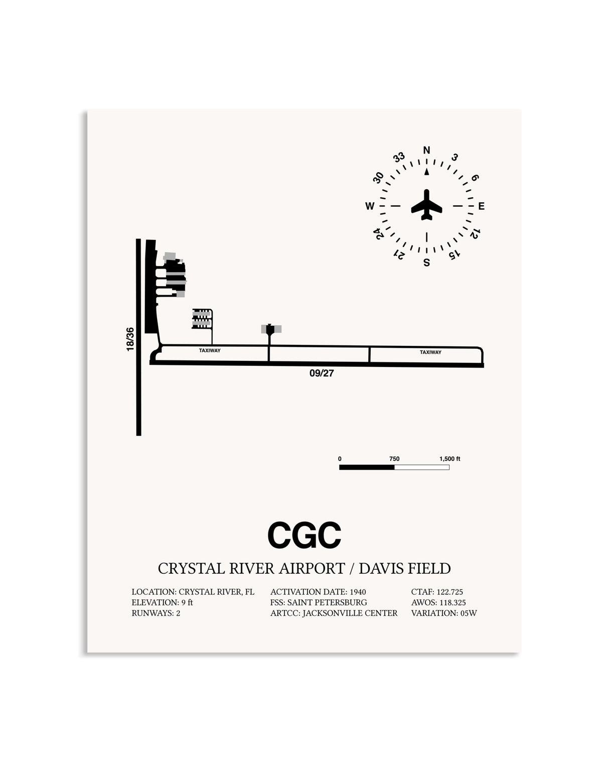 Gray Crystal River Airport / Davis Field framed poster displayed in an airplane hangar
