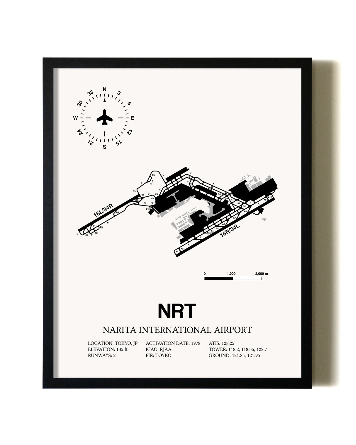 Framed Narita International Airport wall art poster in black frame