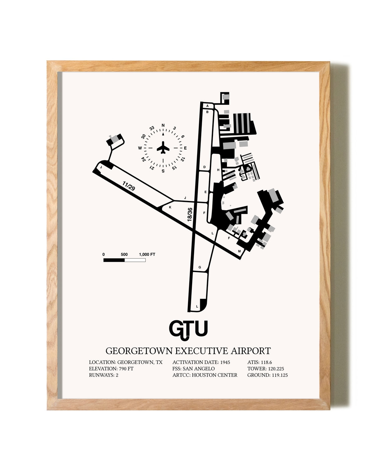 Georgetown Executive Airport At Johnny Gantt Field framed print in natural wood frame