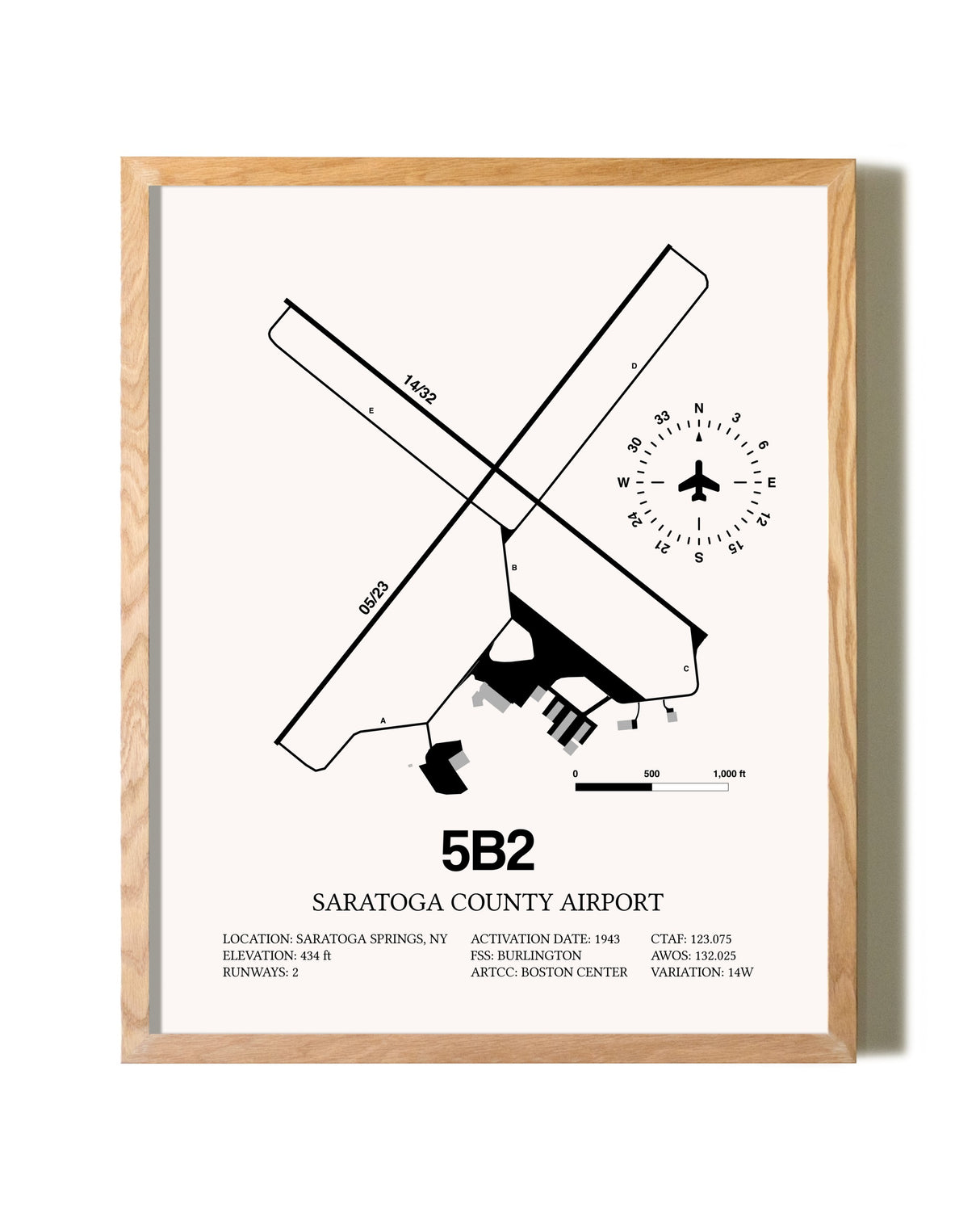 Saratoga County Airport framed print in natural wood frame