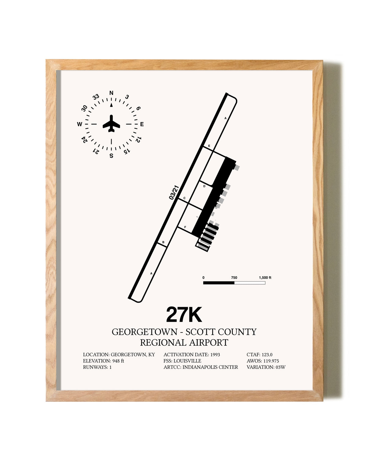 Georgetown - Scott County Regional Airport framed print in natural wood frame