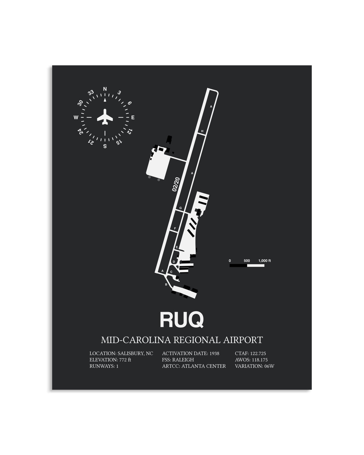 Gray Framed Mid-Carolina Regional Airport layout wall art poster