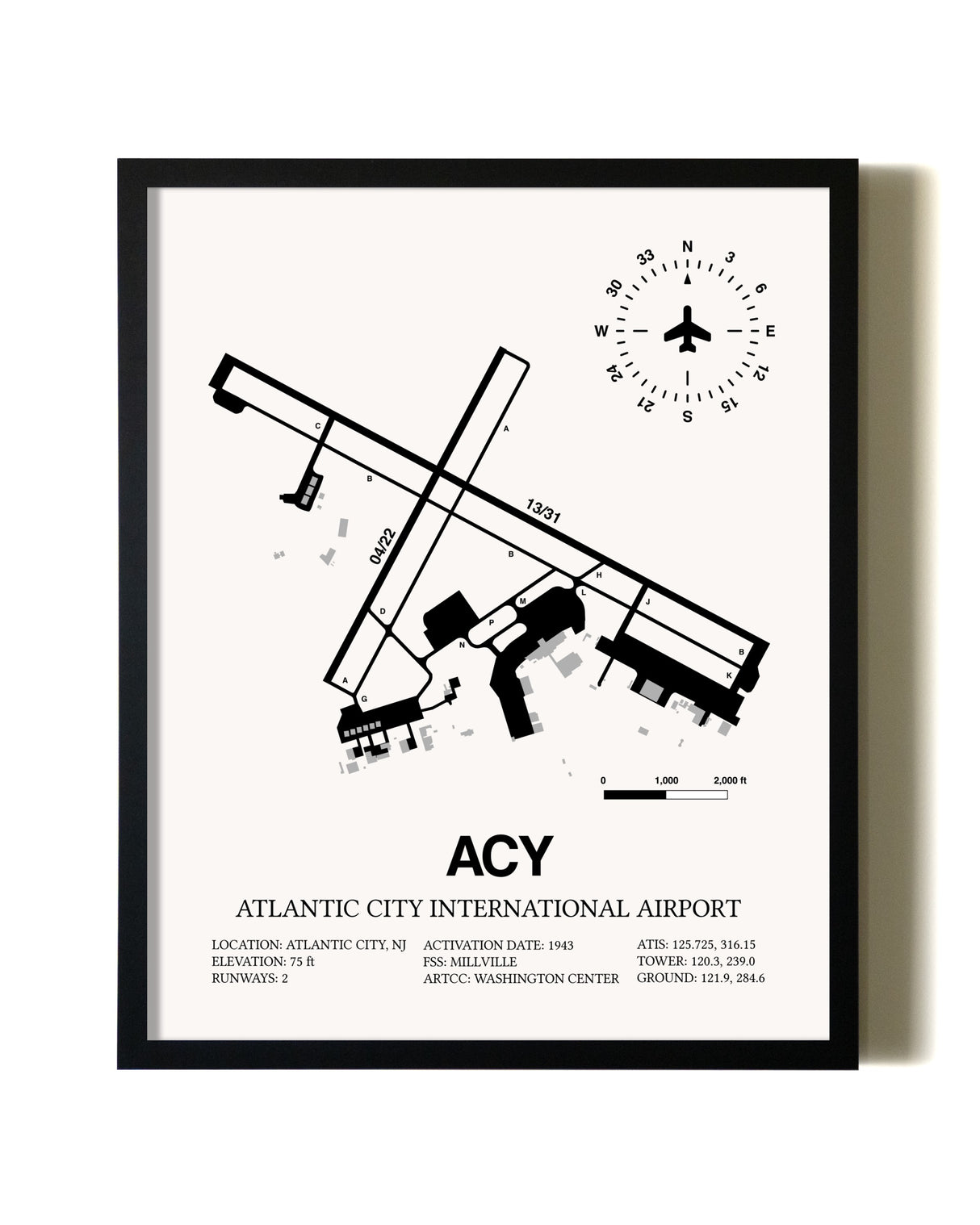 Framed Atlantic City International Airport wall art poster in black frame