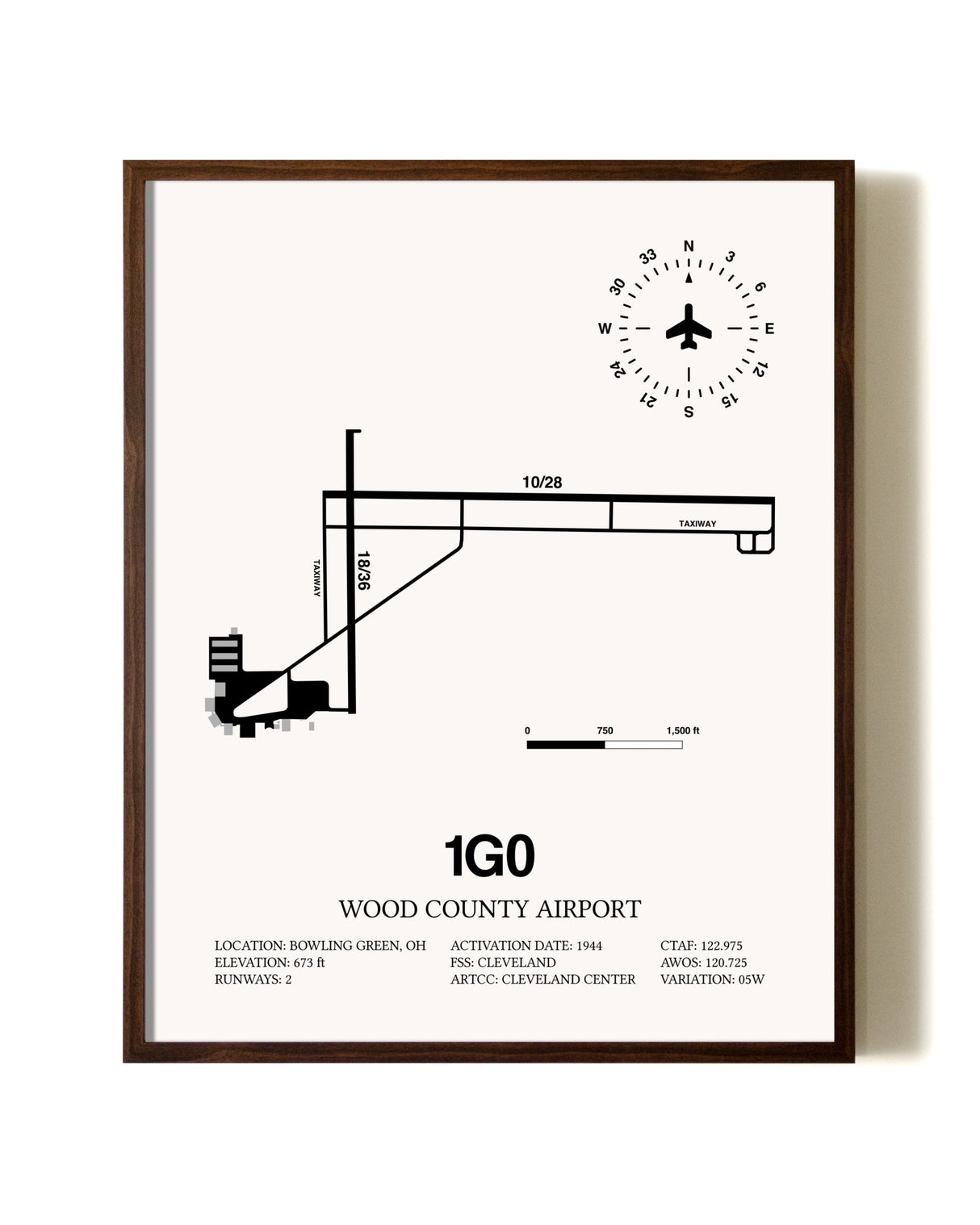 Wood County Airport aviation print in walnut frame