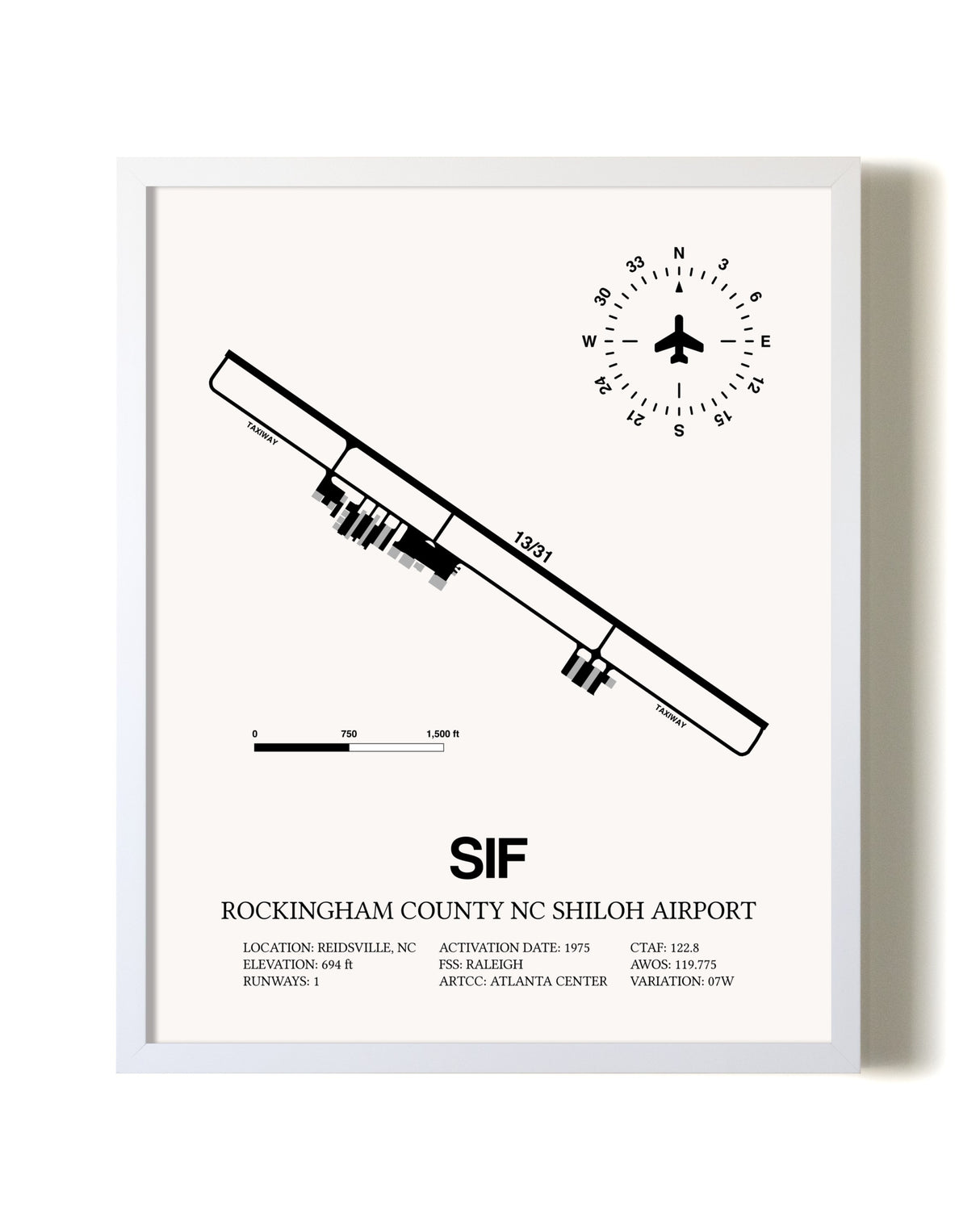 Rockingham County NC Shiloh Airport airport map poster in oak frame