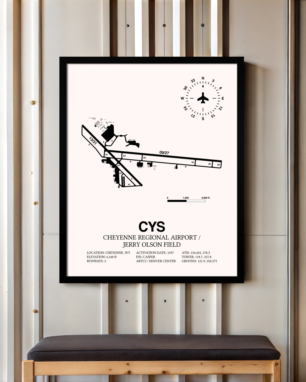 Cheyenne Regional Airport / Jerry Olson Field framed poster displayed in an airplane hangar