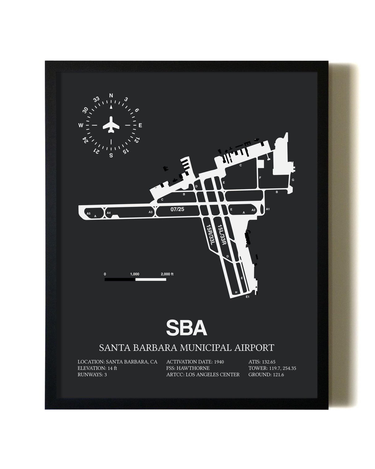 Unframed Santa Barbara Municipal Airport map print poster