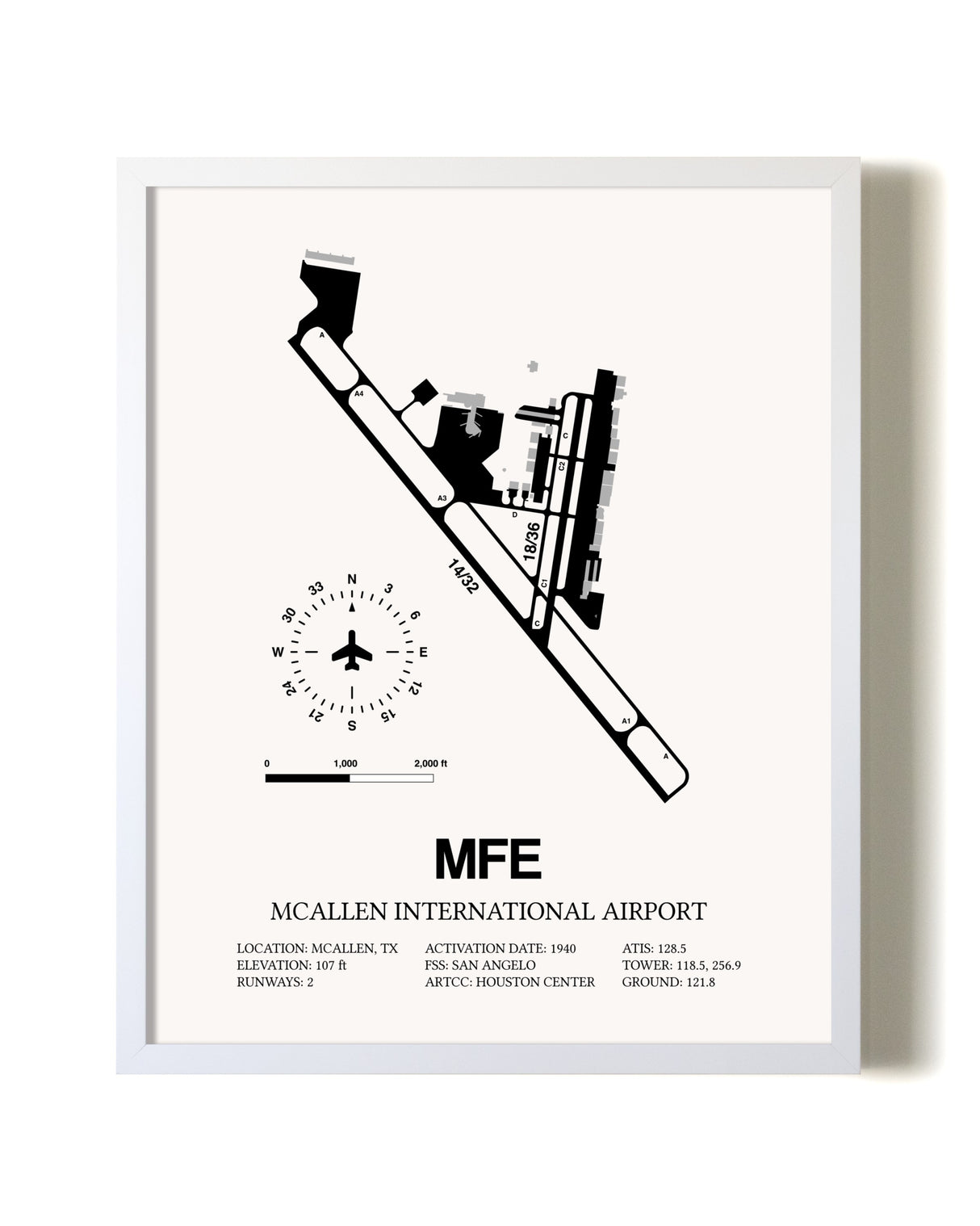 McAllen International Airport airport map poster in oak frame