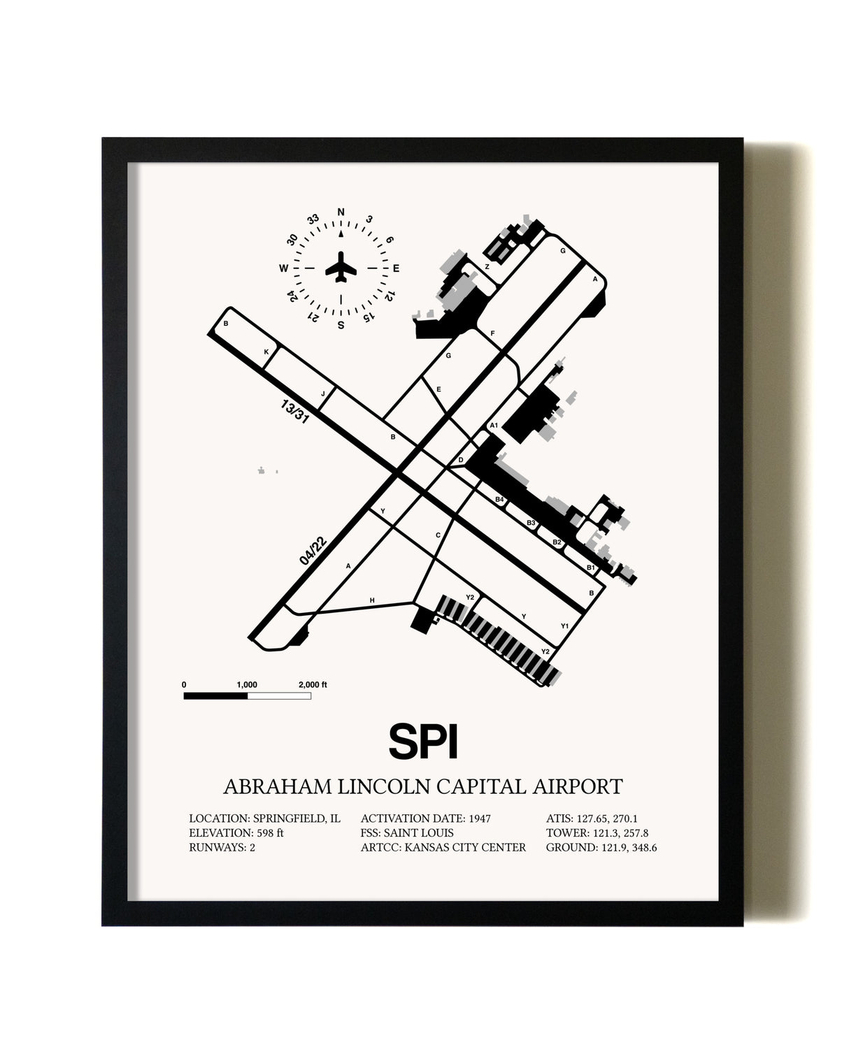 Framed Abraham Lincoln Capital Airport wall art poster in black frame